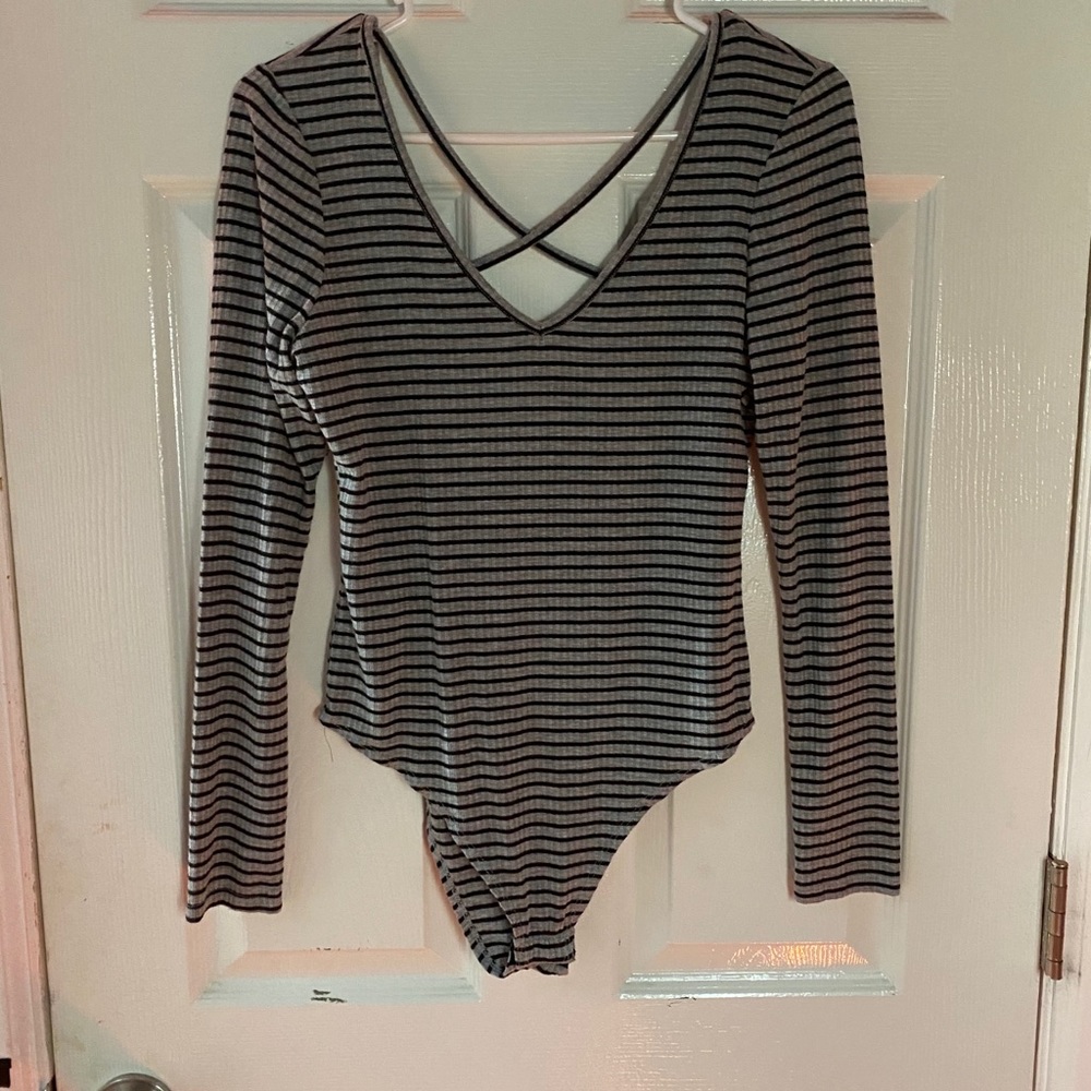 Black & Grey Stripped Bodysuit W/ CrissCross Back